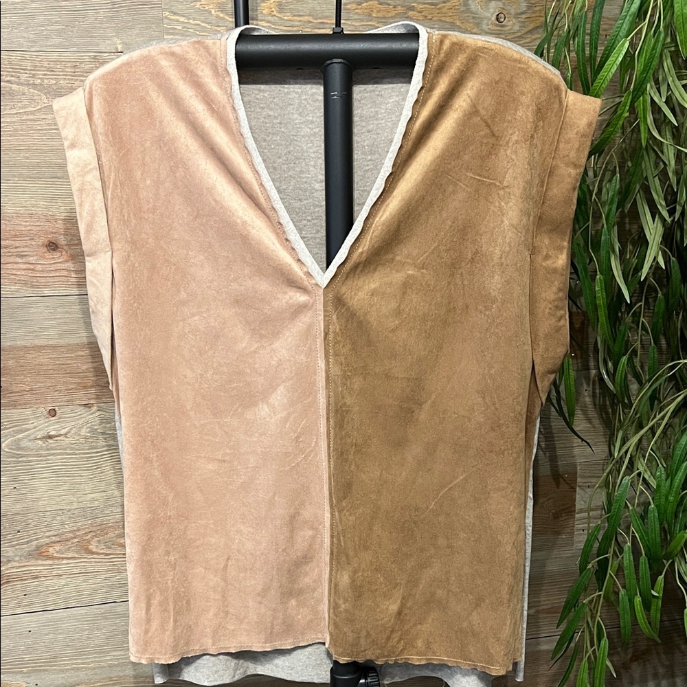 Zara Tan and Brown Faux Suede Colorblock Short Sleeve Tee